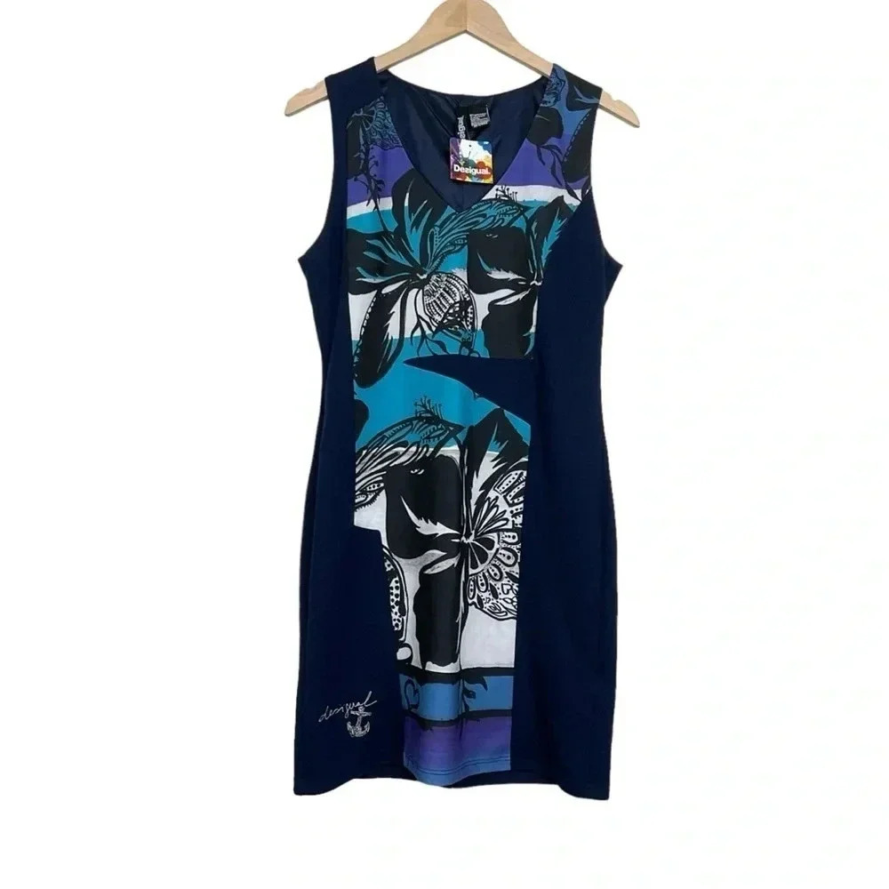 Desigual Juana Sleeveless Dress V-Neck Artsy Blue Medium